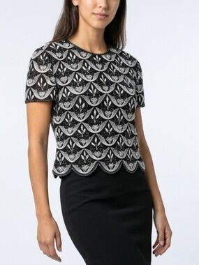 Papell Boutique Black Silk Beaded and Silver Embroidered Scalloped Top Size L